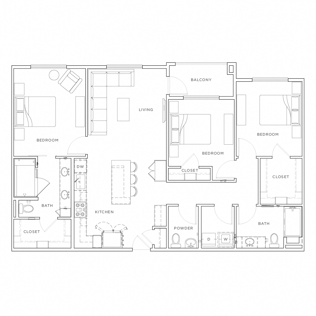 Floor plan for 3 beds, 3 baths, 1438 sqft